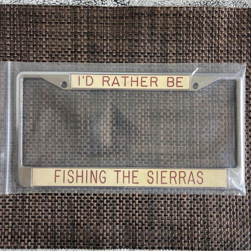 Novelty License Plate Frame "I'd Rather Be Fishing the Sierras" - Cream & Red